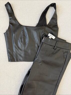 LBLC the label Black Faux Leather Crop Top & High-Waist Pants Set
